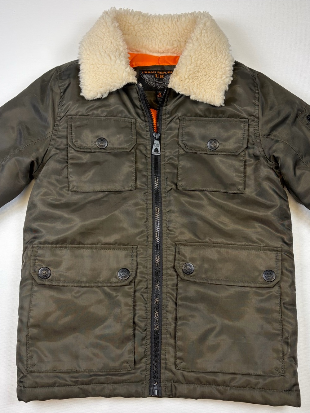 URBAN REPUBLIC BOYS 5/6 OLIVE GREEN SHERPA COLLAR MILITARY BOMBER JACKET